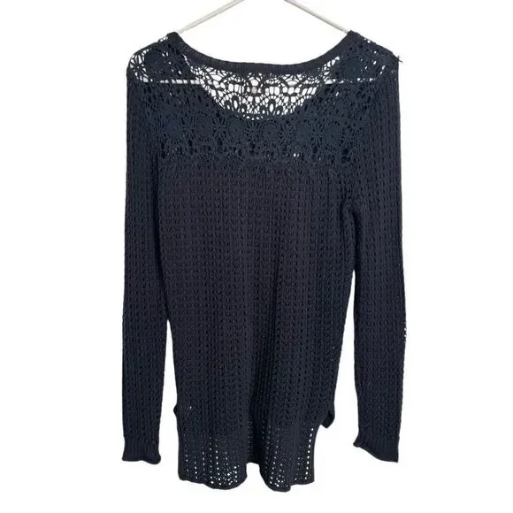 Hippie Rose Womens Crochet Open Knit Sweater S Navy Blue Retro Fishnet Pullover - Picture 2 of 6